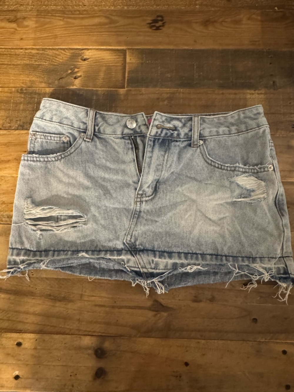 Edikted Light Blue Distressed Denim Mini Skirt